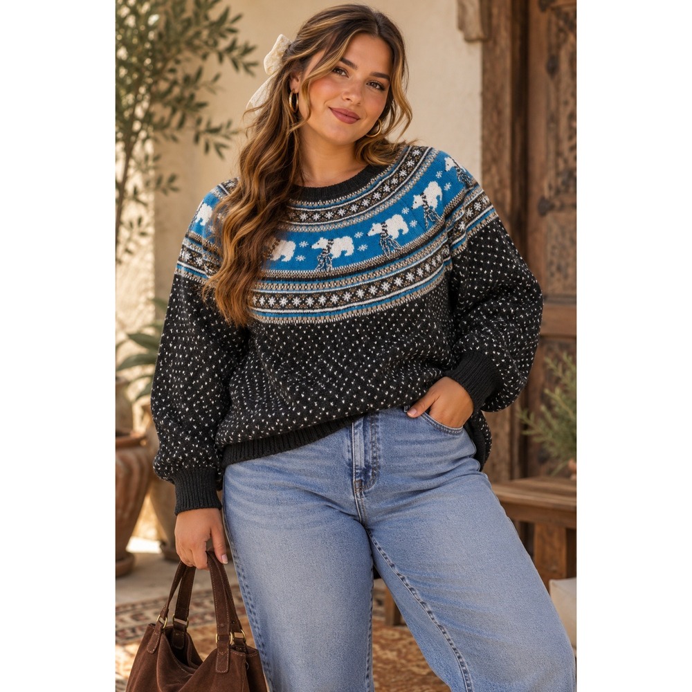 No Boundaries Polar Bear Fair Isle Sweater Womens 1X Black Blue Metallic Holiday